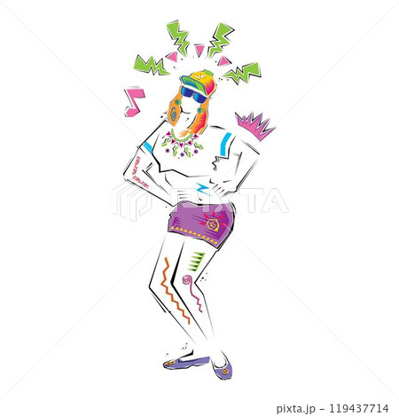 Active Jumping and Dancing Young Woman. Abstract Music Banner. 119437714