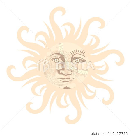Tribal style sun with antropomorphic face hand drawn vector 119437733