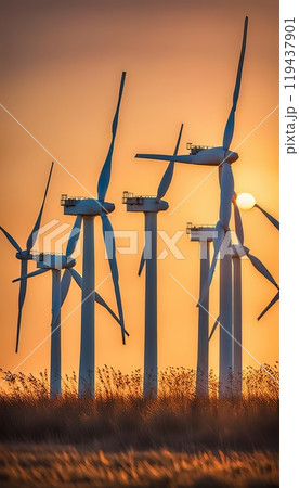 Vertical shot of wind farm operating in a red sunset 119437901