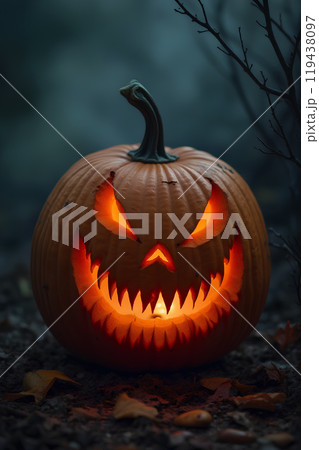 Spooky carved pumpkin glowing in the dark...のイラスト素材 [119438097] - PIXTA