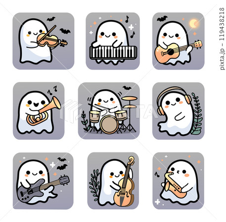 9 Halloween stickers with funny baby ghosts. Design for halloween-themed cards, posters, stickers and seasonal decorations.  119438218