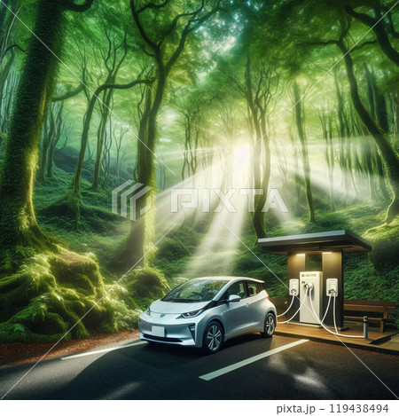 Electric car charging in a lush green forest with sunlight piercing through 119438494