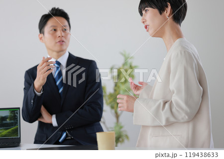 身振りを交え自分の考えを言語化しようとしているビジネスウーマン_2 身振りを交え自分の考えを言語化しようとしているビジネスウーマン_2 119438633