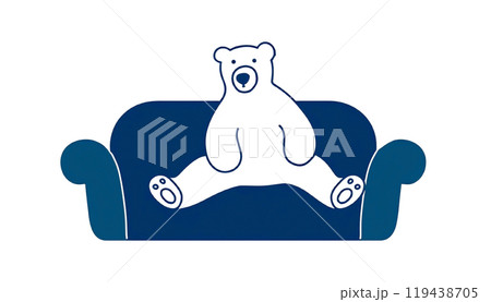 ソファの上でだらしないポーズでくつろいでいる白熊のイラスト　白背景の切り抜き 119438705