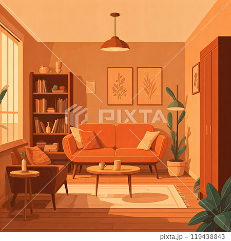Warm-toned cozy living room interior with plants and furniture 119438843