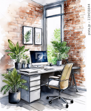 Watercolor of a cozy workspace with plants and computer 119438844