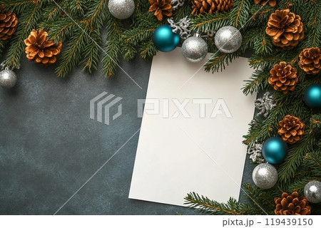 Christmas flat lay gray background with fir tree branches and silver decorations, fir cones and white paper for Free space for design. Holiday concept. 119439150