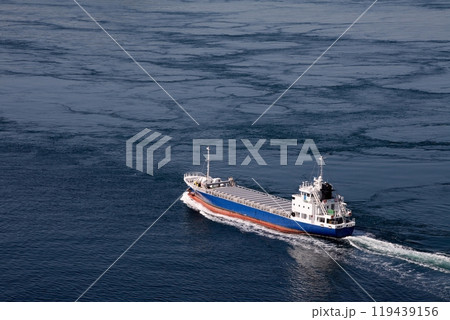 来島海峡の潮流の中を航行する貨物船 119439156