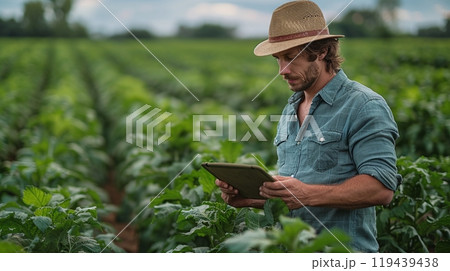 Technology in Agricultural field, cultivated and plantation with futuristic smart objects Technology in Agricultural field, cultivated and plantation with futuristic smart objects 119439438