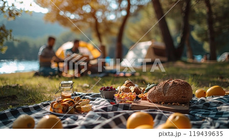 Camping at the campground in the wilderness nearby river and mountain. Hiking and backpack concepts 119439635