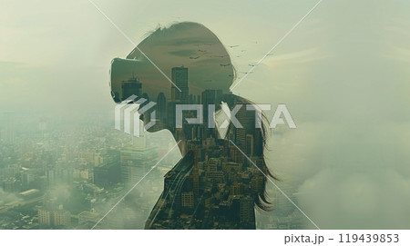 Wearing VR goggles using simulation device, double exposure on online cyber lifestyle. Wearing VR goggles using simulation device, double exposure on online cyber lifestyle. 119439853
