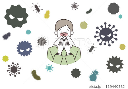風邪ウイルスに困る男性患者のイラスト(白背景・透過背景) 風邪ウイルスに困る男性患者のイラスト(白背景・透過背景) 119440582
