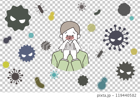 Illustration of a male patient suffering from a cold virus (white background/transparent background) 119440582