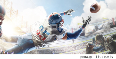 American football. Player catches the ball and flies in the air. Sports arena with fans. Bright sun. Back view. Sportsman in action. Stadium American football. Player catches the ball and flies in the air. Sports arena with fans. Bright sun. Back view. Sportsman in action. Stadium 119440615
