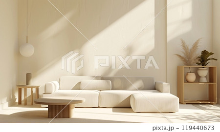 Scandinavian minimal and cozy living room. Simple decoration with bright and white tone 119440673