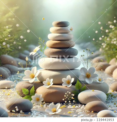 stack of stones with flowers  119441953