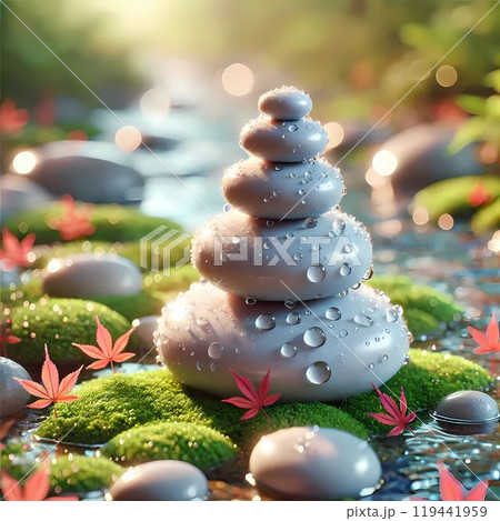 stack of stones with red maple leaves  119441959