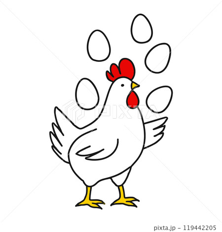 卵でジャグリングをする鶏のイラスト　白背景の切り抜き 119442205