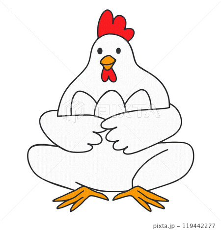 卵を持った白い鶏のシュールな手描きイラスト 白背景の切り抜き 卵を持った白い鶏のシュールな手描きイラスト 白背景の切り抜き 119442277