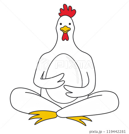 卵を持った白い鶏のシュールな手描きイラスト　白背景の切り抜き 119442281