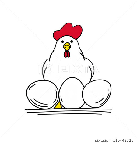 白い鶏と卵の手描きアイコンイラスト　白背景の切り抜き 119442326