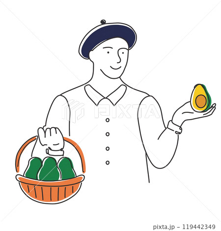 アボカドを持った男性の手描き線画イラスト 白背景の切り抜き アボカドを持った男性の手描き線画イラスト 白背景の切り抜き 119442349