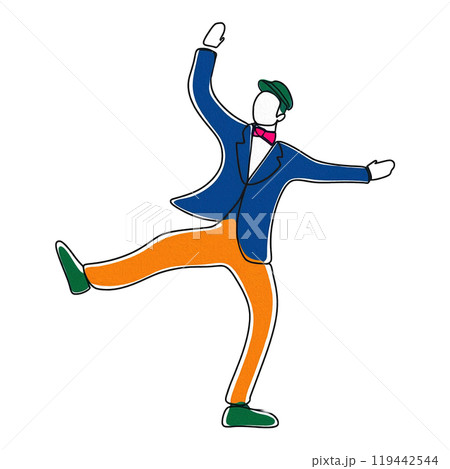 コミカルなポーズをする男性の手描き線画イラスト　白背景の切り抜き 119442544