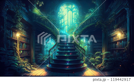 植物が絡む階段のある図書館 119442917