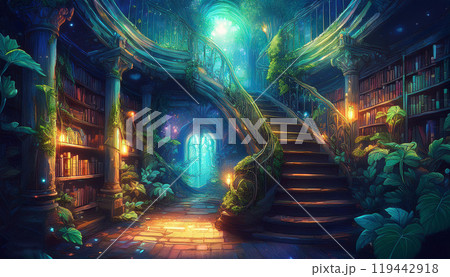 植物が絡む階段のある図書館 植物が絡む階段のある図書館 119442918