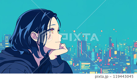 窓辺で頬杖をつくアニメ風の女の子　AI生成画像 119443045