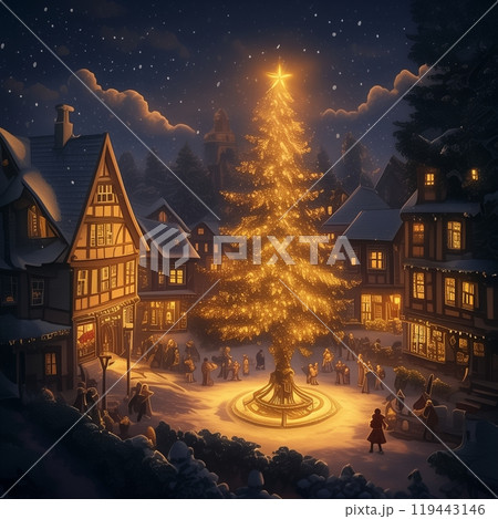 クリスマスの魔法に包まれた夜の風景と輝くクリスマスツリー 119443146