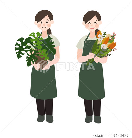 お花と鉢を抱えた花屋さんの手描きベクターイラスト 119443427