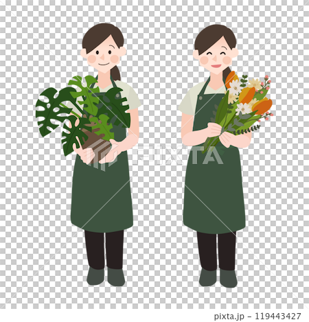 Hand drawn vector illustration of a florist holding flowers and pots 119443427
