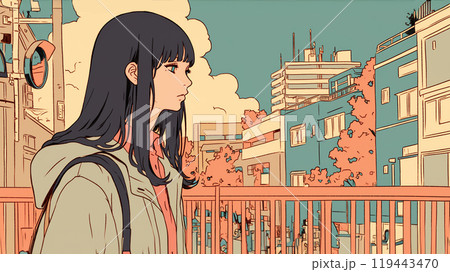 秋の街にいるおしゃれなアニメ風の女の子 119443470