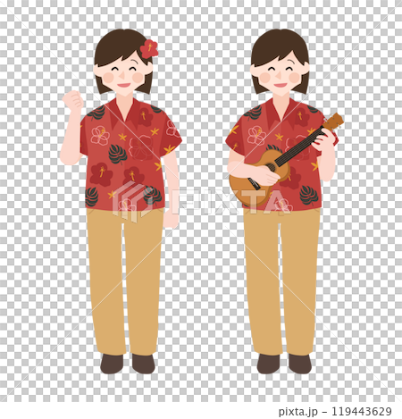 Woman in an aloha shirt playing the ukulele hand-drawn vector illustration Woman in an aloha shirt playing the ukulele hand-drawn vector illustration 119443629