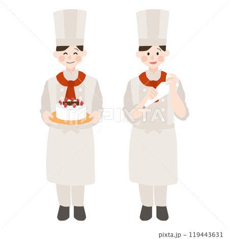 ケーキを作るバティシエさん手描きベクターイラスト 119443631