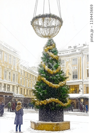 クリスマスツリーが雪の降る都市広場に立つ祝祭的な風景 119443669