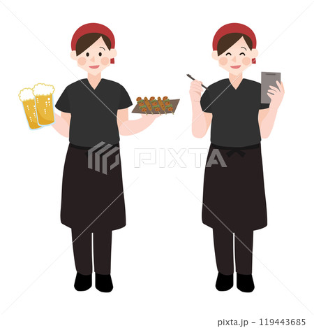 居酒屋で注文をとるホールの女性 手描きベクターイラスト 居酒屋で注文をとるホールの女性 手描きベクターイラスト 119443685