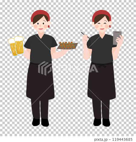 A woman in the waiting room taking orders at an izakaya, hand-drawn vector illustration A woman in the waiting room taking orders at an izakaya, hand-drawn vector illustration 119443685