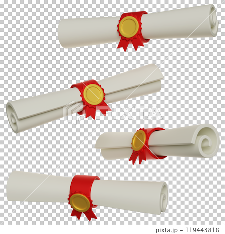 Scroll diploma wrapped with medal 3D graphics 119443818