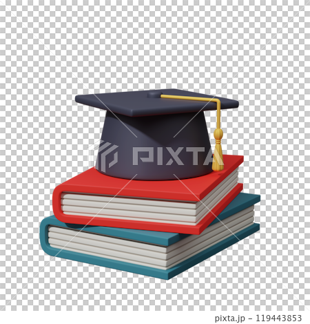 graduation hat on stack of books 3D graphic 119443853
