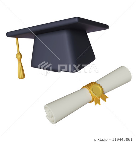 graduation hat with Scroll diploma 3D graphic 119443861