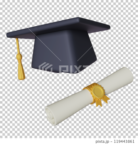 graduation hat with Scroll diploma 3D graphic 119443861