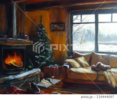 クリスマスツリーと暖炉のある居心地の良い山小屋のインテリア クリスマスツリーと暖炉のある居心地の良い山小屋のインテリア 119444097