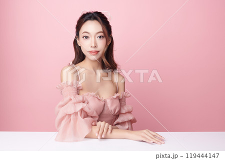 Beautiful young asian woman with clean fresh skin on pink background, Face care, Facial treatment, Cosmetology, beauty and spa, Asian women portrait. 119444147