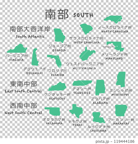 美國南部簡單地圖(南大西洋海岸、東南中部、西南中部)插圖 美國南部簡單地圖(南大西洋海岸、東南中部、西南中部)插圖 119444186