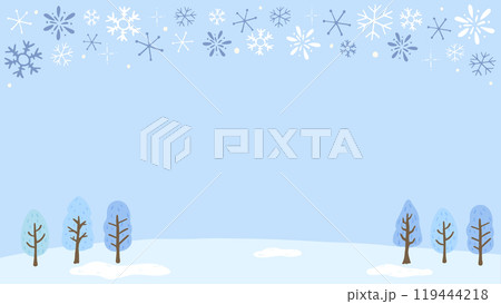 雪が降る冬の風景の背景、雪の結晶と樹木、かわいい手描きのイラスト 119444218