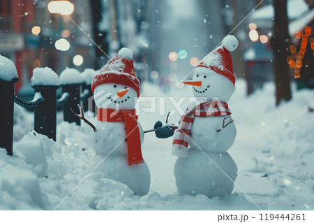 Christmas greeting card with bright winter holiday snowman and New Year background Christmas greeting card with bright winter holiday snowman and New Year background 119444261
