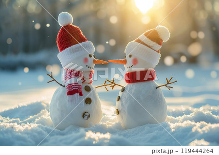 Christmas greeting card with bright winter holiday snowman and New Year background 119444264