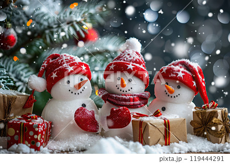 Christmas greeting card with bright winter holiday snowman and New Year background Christmas greeting card with bright winter holiday snowman and New Year background 119444291